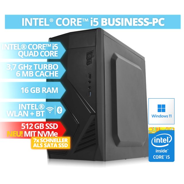 BRAINZAP Intel Core i5 Quad-Core Office / Business PC, 16 GB RAM, 512 GB NVMe SSD, WLAN, BT Bluetooth Windows 11