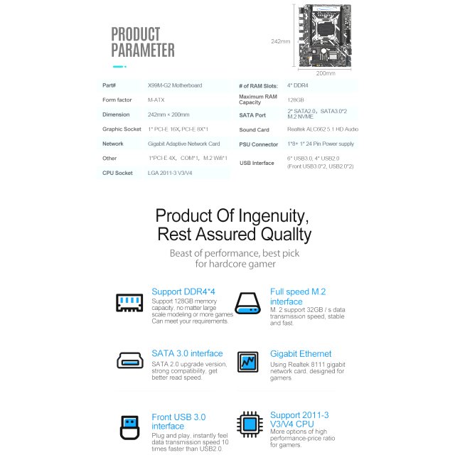 BRAINZAP Intel X99 Sockel LGA 2011-3 Mainboard - NVMe M.2 PCI-Express 3.0 x16 - ECC RDIMM - Xeon-E5