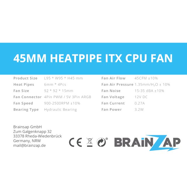 BRAINZAP ITX CPU Kühler 45 mm 4-PIN PWM 130W TDP Fan Lüfter Intel LGA 1150 1151 1155 1156 1200 1366 2011 1700 - AMD AM2 AM3 AM4 AM5 FM1 FM2