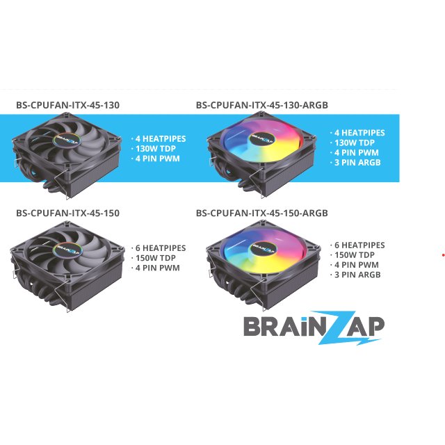 BRAINZAP ITX CPU Kühler 45 mm A-RGB 4-PIN PWM 130W TDP Fan Lüfter Intel LGA 1150 1151 1155 1156 1200 1366 2011 1700 - AMD AM2 AM3 AM4 AM5 FM1 FM2