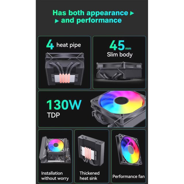 BRAINZAP ITX CPU Kühler 45 mm A-RGB 4-PIN PWM 130W TDP Fan Lüfter Intel LGA 1150 1151 1155 1156 1200 1366 2011 1700 - AMD AM2 AM3 AM4 AM5 FM1 FM2