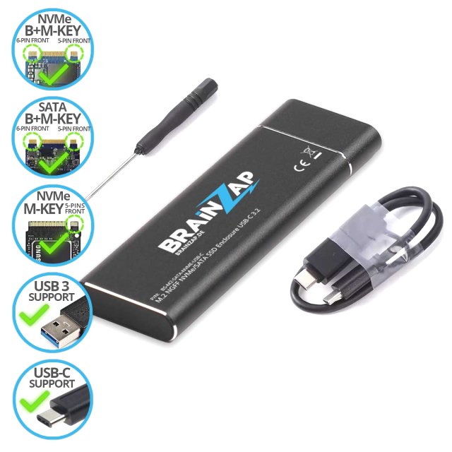 BRAINZAP M.2 M2 NGFF NVMe + SATA III Externes SSD Gehäuse Case Adapter M-Key M+B Key USB-C USB 3