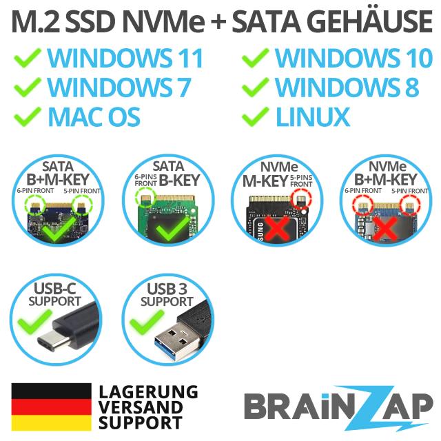 BRAINZAP M.2 M2 NGFF SATA III 6 GBit/s Externes SSD Gehäuse Case Adapter M-Key M+B Key USB-C USB 3