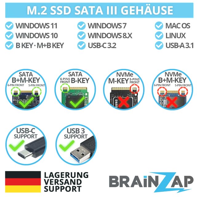 BRAINZAP M.2 M2 NGFF SATA III 6 GBit/s Externes SSD Gehäuse Case Adapter M-Key M+B Key USB-C USB 3