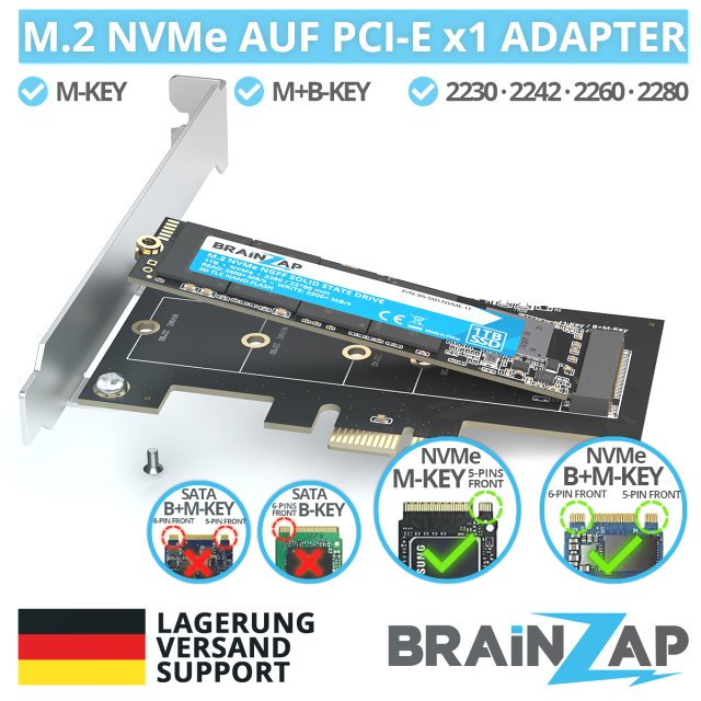 BRAINZAP M.2 M2 NVMe SSD zu PCI-E PCI-Express PCIe 3.0 x1 Adapter Konverter Karte M Key, B+M Key mit Blende