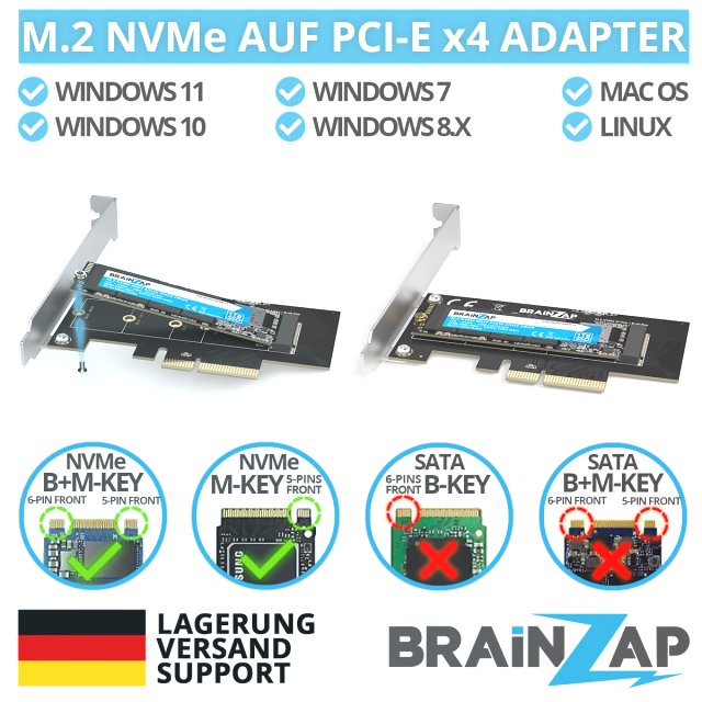 BRAINZAP M.2 M2 NVMe SSD zu PCI-E PCI-Express PCIe 3.0 x4 Adapter Konverter Karte M Key, B+M Key