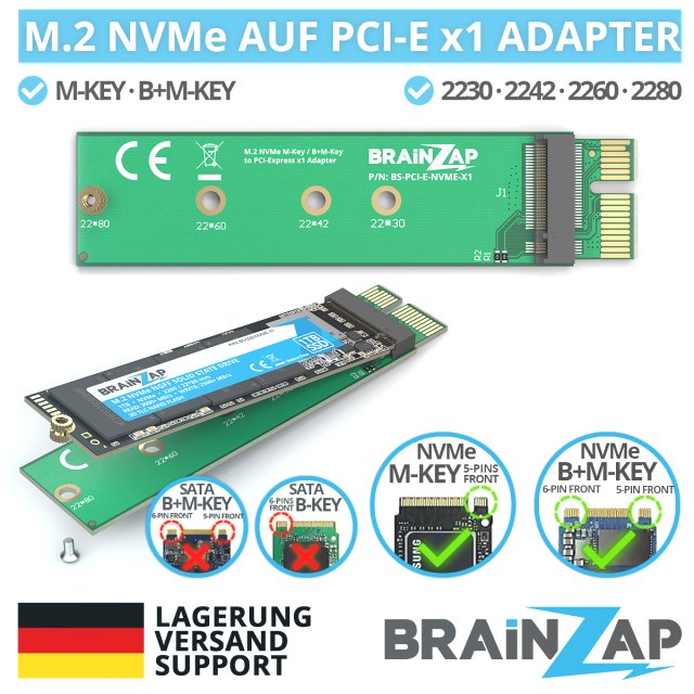 BRAINZAP M.2 M2 NVMe SSD zu PCI-E PCI-Express PCIe x1 Adapter Konverter Karte M, M+B Key