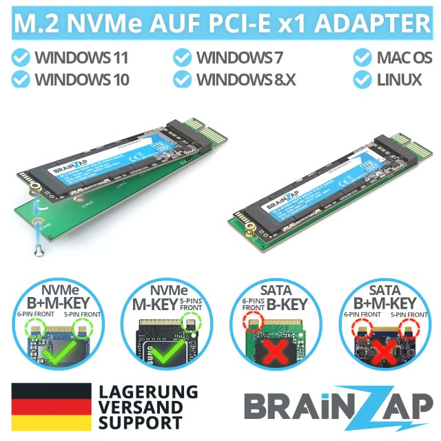 BRAINZAP M.2 M2 NVMe SSD zu PCI-E PCI-Express PCIe x1 Adapter Konverter Karte M, M+B Key