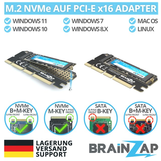 BRAINZAP M.2 M2 NVMe SSD zu PCI-E PCI-Express PCIe 3.0 x16 Adapter Konverter Karte M, M+B Key