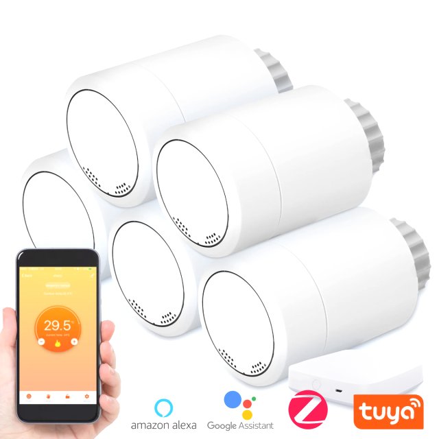 BRAINZAP Tuya Smart Home Heizkörper Thermostat / Steuerung Heizung Set 5x Thermostat + 1x Gateway App Google Alexa