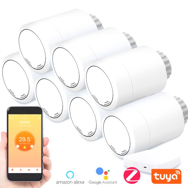 BRAINZAP Tuya Smart Home Heizkörper Thermostat / Steuerung Heizung Set 7x Thermostat + 1x Gateway App Google Alexa