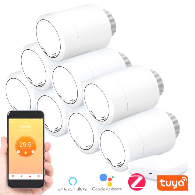 BRAINZAP Tuya Smart Home Heizkörper Thermostat / Steuerung Heizung Set 8x Thermostat + 1x Gateway App Google Alexa