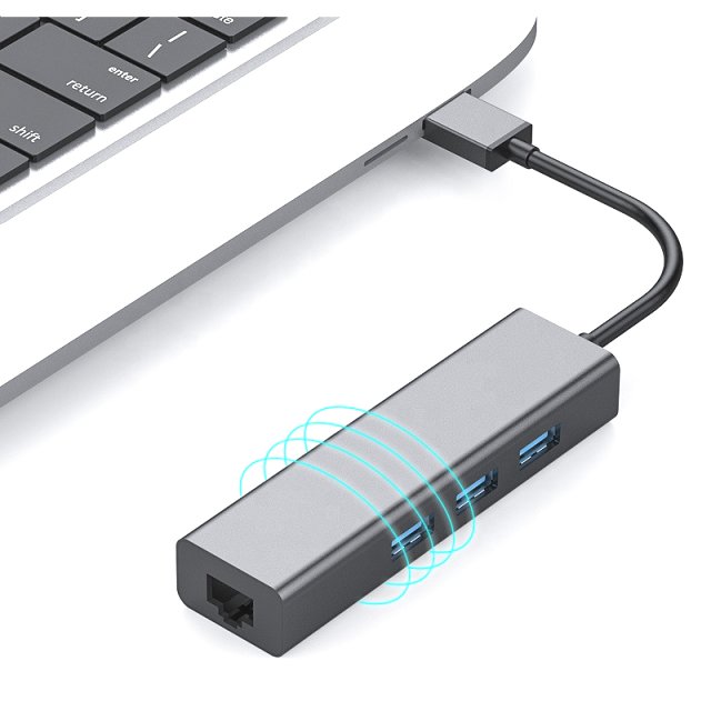BRAINZAP USB 3.0 zu RJ45 10/100/1000 Mbps Gigabit Ethernet LAN Extern Adapter, 3x USB Hub