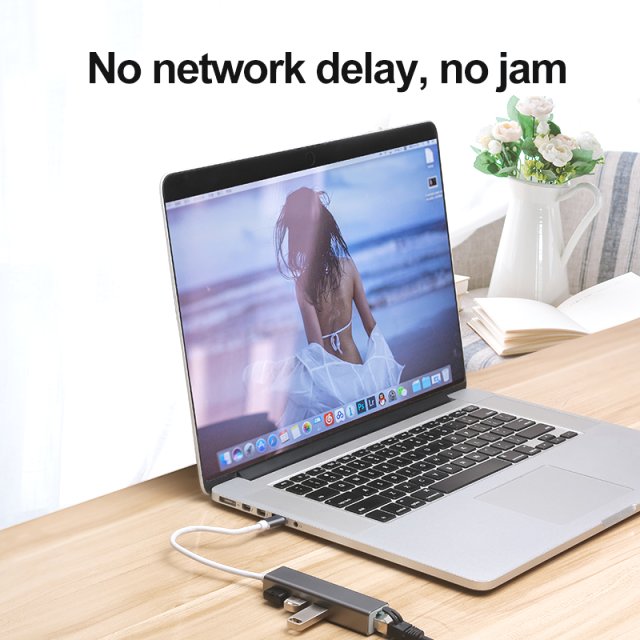 BRAINZAP USB-C Typ-C Hub 3 Ports + 10/100/1000 Mbps Gigabit Ethernet LAN Adapter Extern