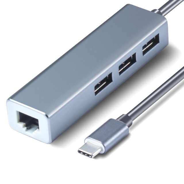 BRAINZAP USB-C Typ-C Hub 3 Ports + 10/100/1000 Mbps Gigabit Ethernet LAN Adapter Extern