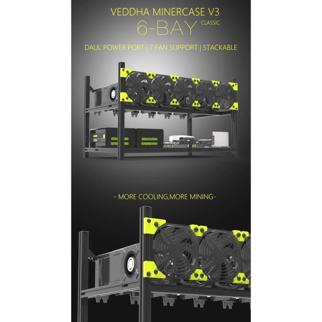Veddha 6 GPU Stackable / Stapelbar - Open Air Ctypto Mining - Case / Frame / Rig / Bracket / Halterung Aluminium Schwarz